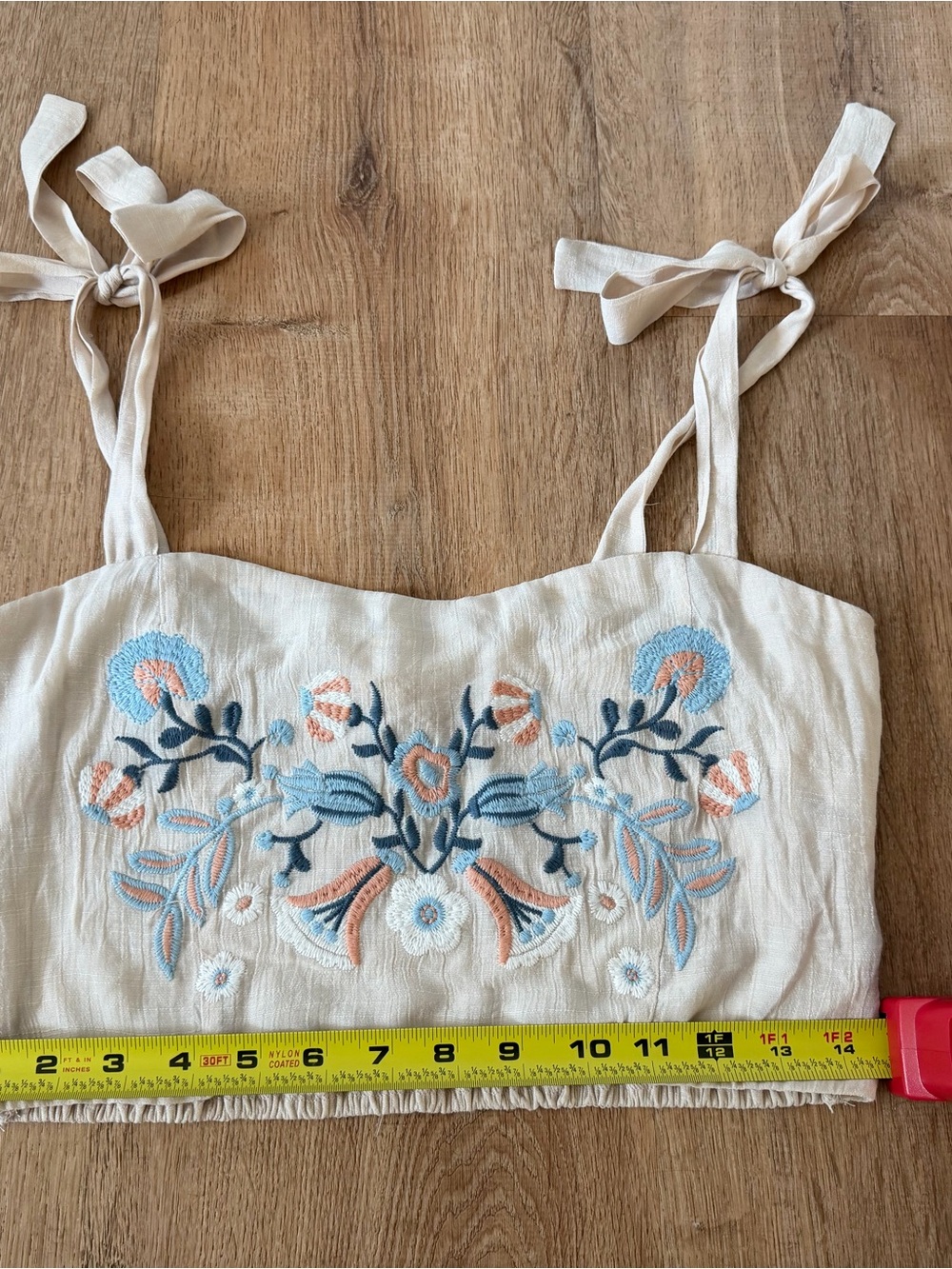 Embroidered Tie-Strap Crop Top in Cream with Blue & Peach Accents - Picture 5 of 5